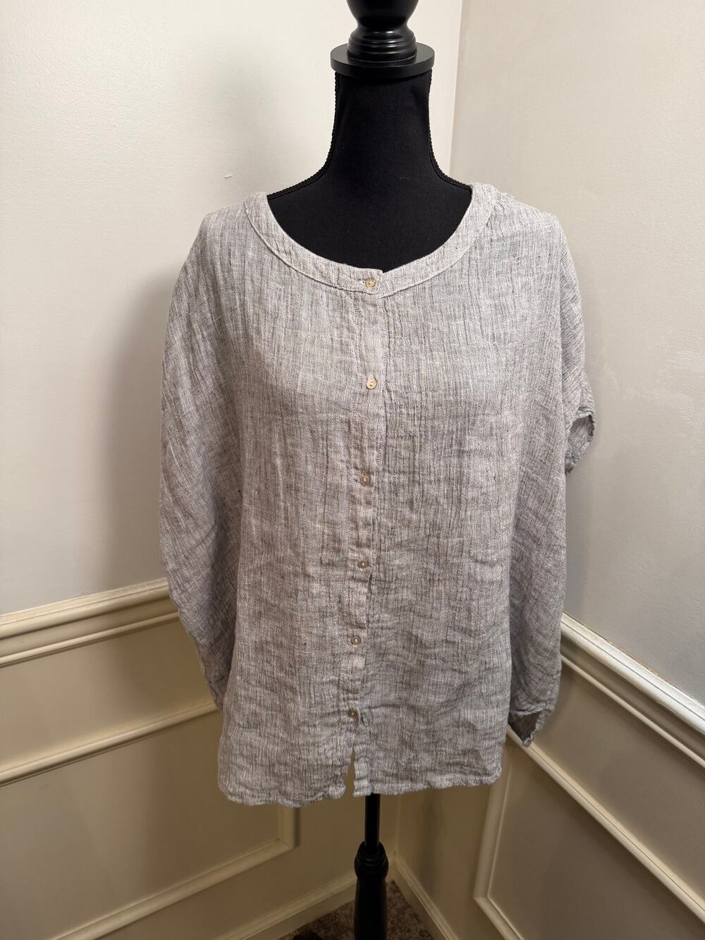 Tahari 100% Linen Boxy Button-Up Blouse Grey Melange Tunic Top Lagenlook Coastal
